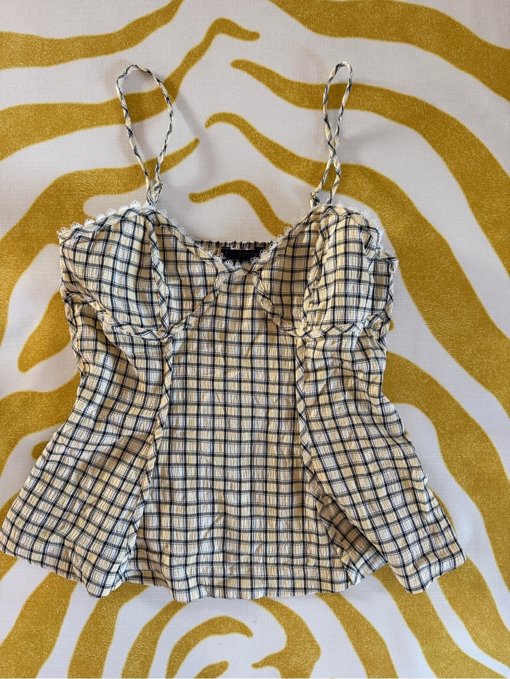 Zara Plaid Spaghetti Strap Women's Top - Cream & Navy